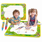 Children drawing on a multicolor animal theme magic water mat with water pens