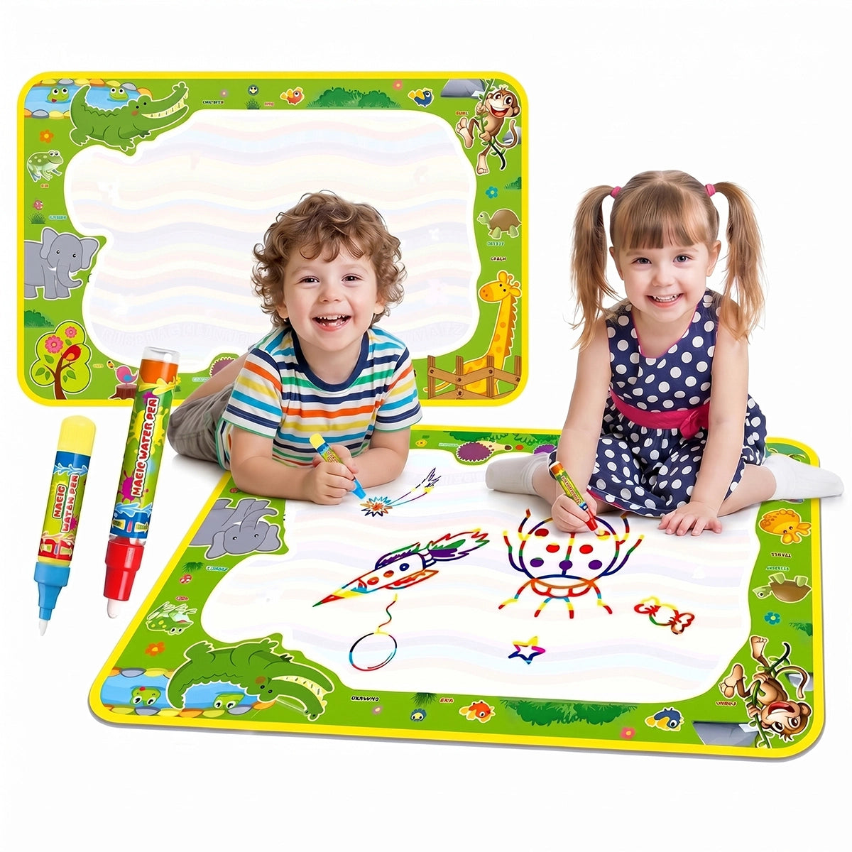 Children drawing on a multicolor animal theme magic water mat with water pens