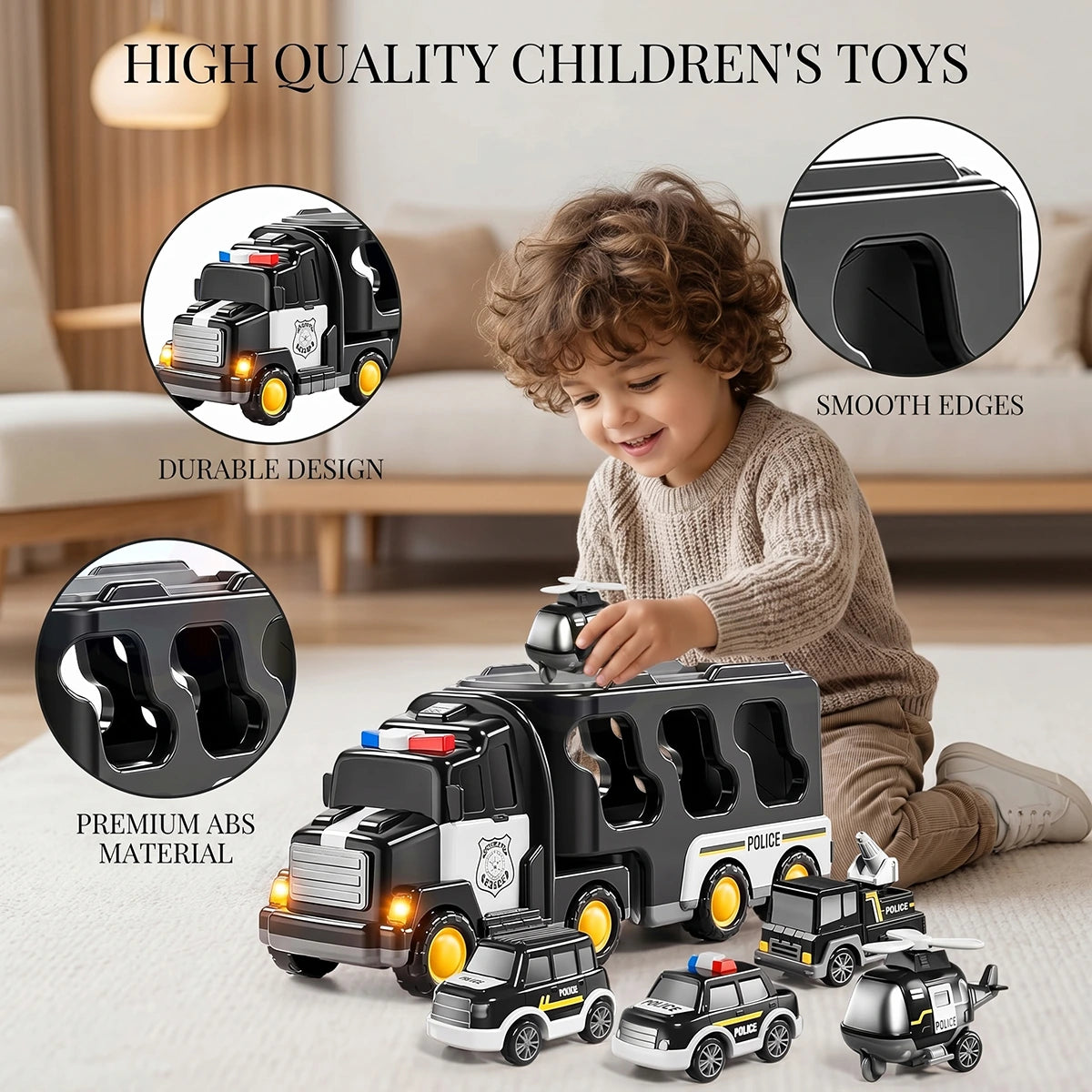 Unisex black police transporter truck toy set with multiple miniature police cars and a helicopter.