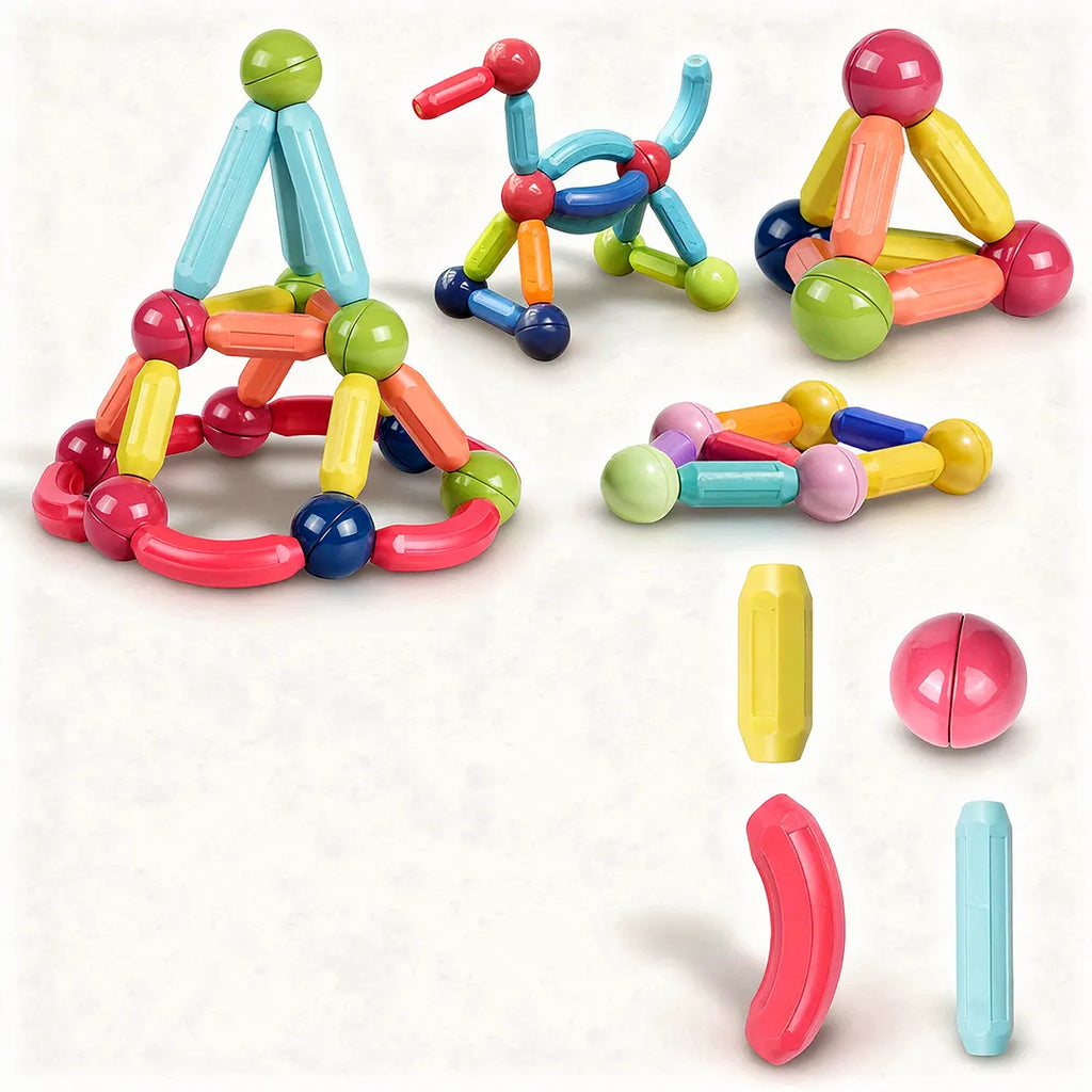 Multicolor magnetic rods and spheres for building creative structures