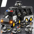 Unisex black police transporter truck toy set with multiple miniature police cars and a helicopter.