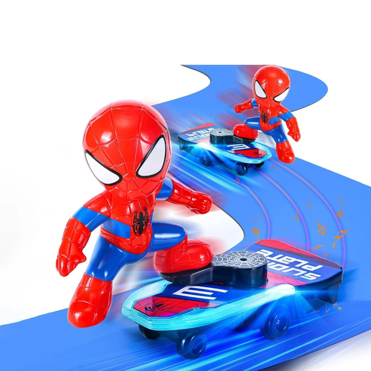 Unisex blue Spider-Man action figure toy riding a rolling skateboard