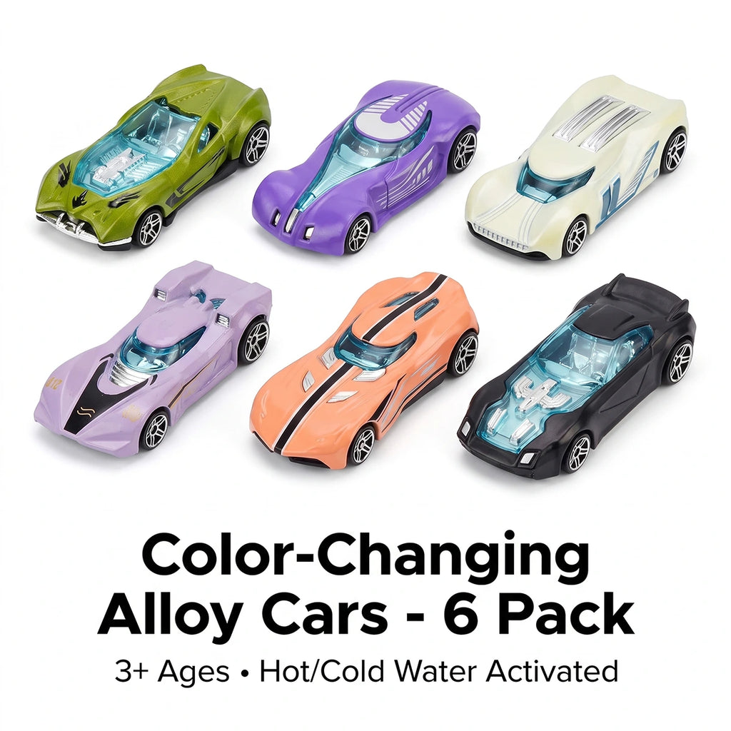 Set of six multicolor alloy racing cars that change color with temperature