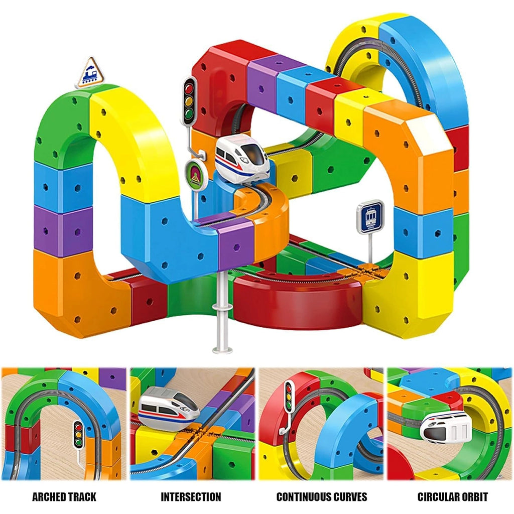 Multicolor DIY plastic modular train track toy with looping arches