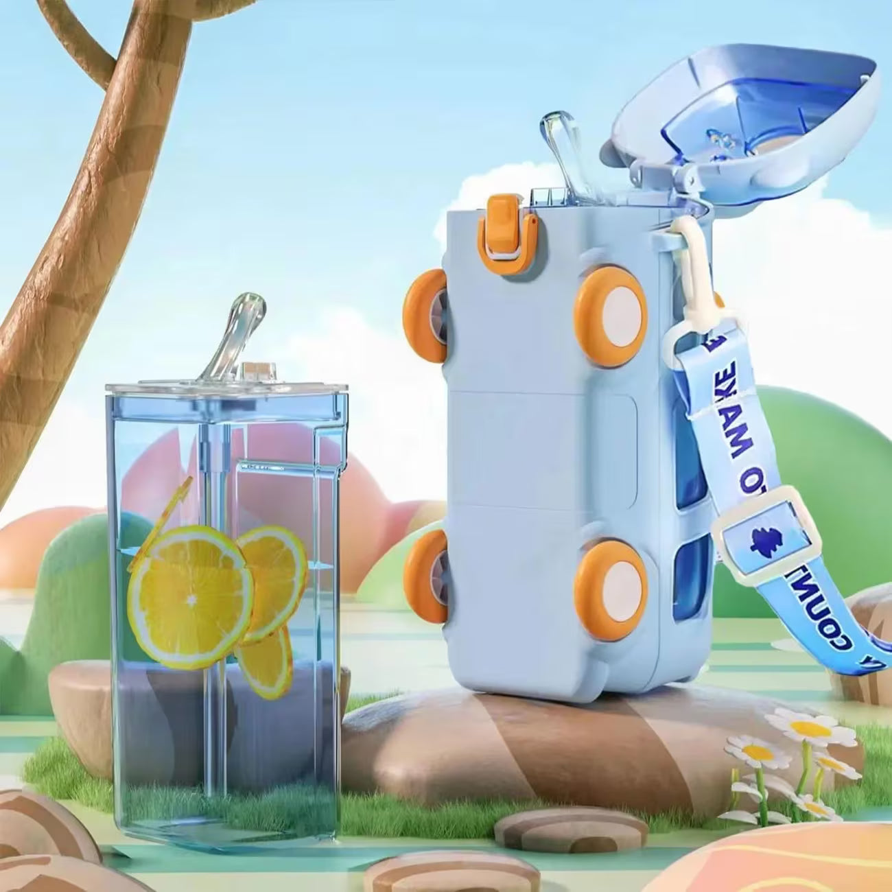 Cute Bear Water Bottle with Strap & Straw