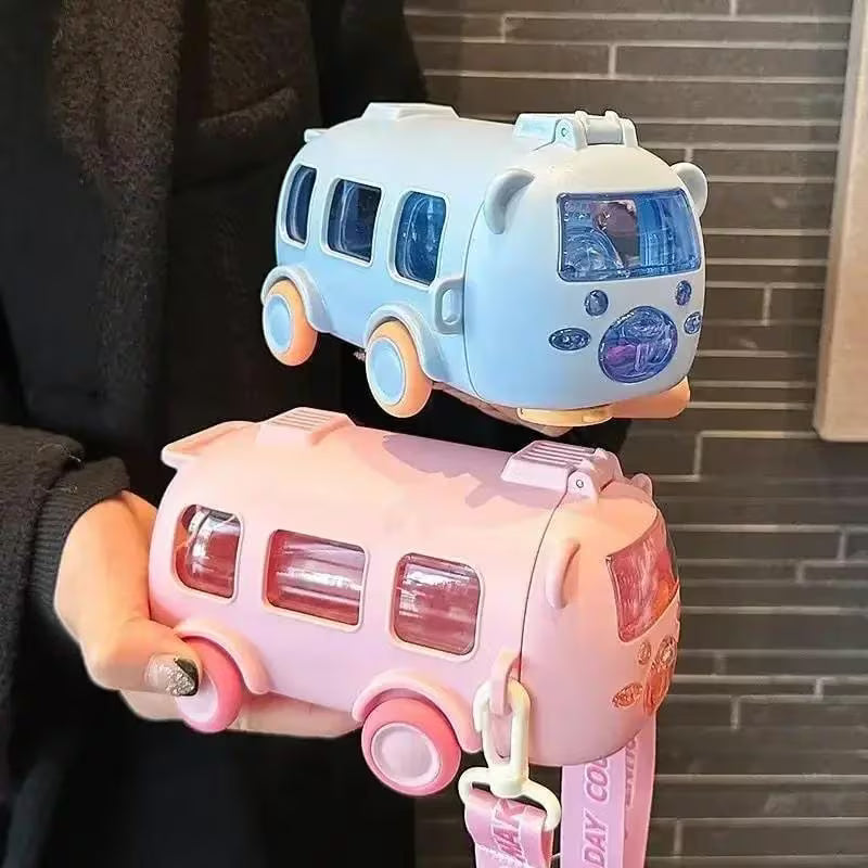 Cute Bear Water Bottle with Strap & Straw