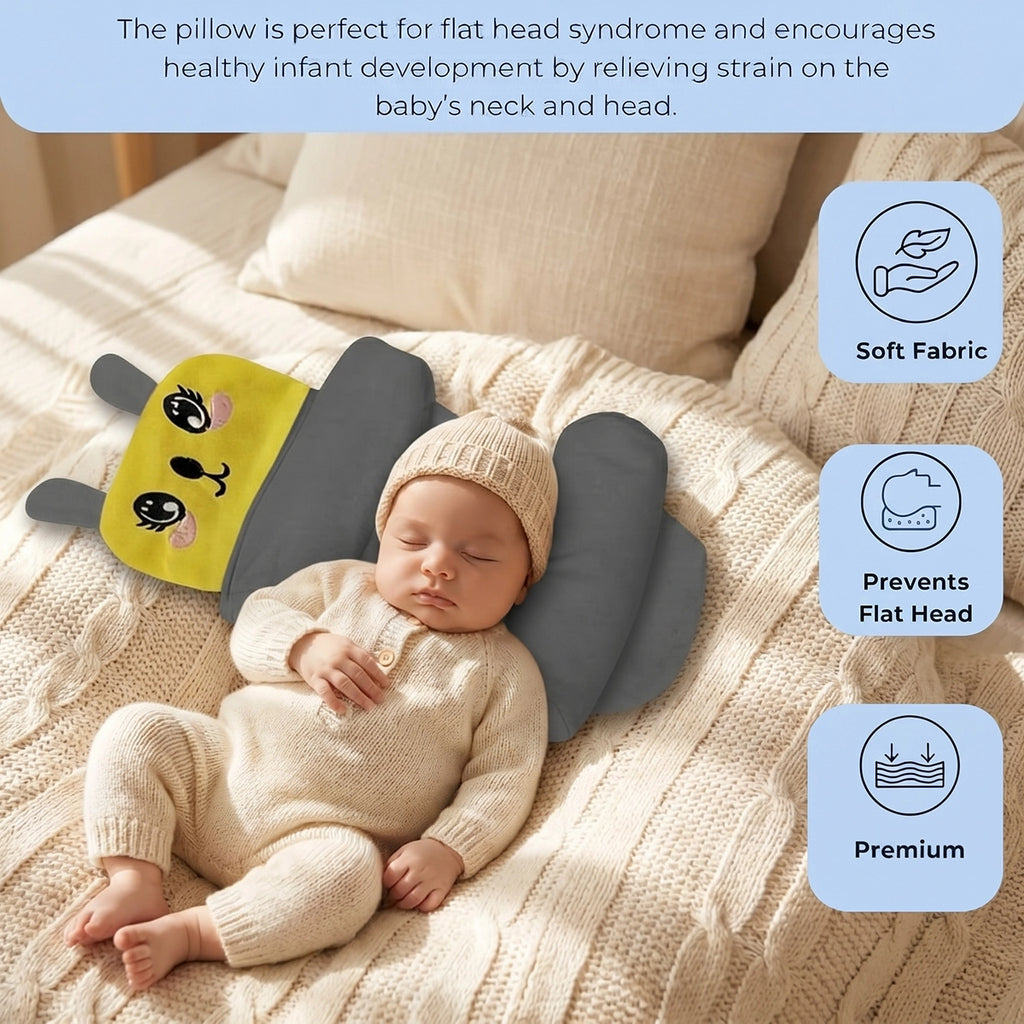 Unisex baby support pillow with yellow bunny face and side bolsters