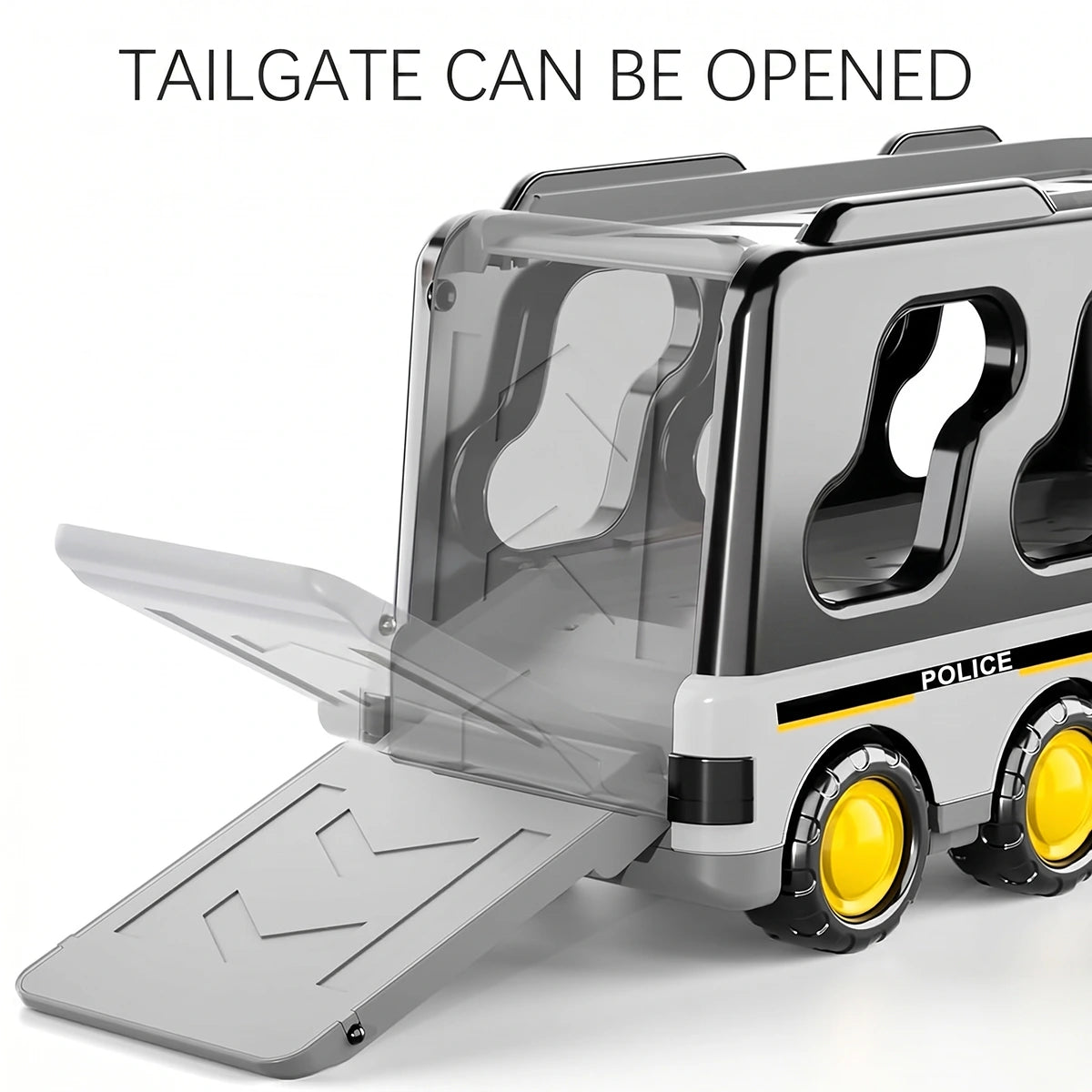 Unisex black police transporter truck toy set with multiple miniature police cars and a helicopter.