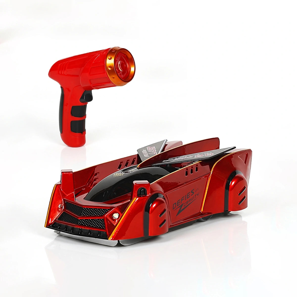 Red laser controlled car toy that defies gravity on walls