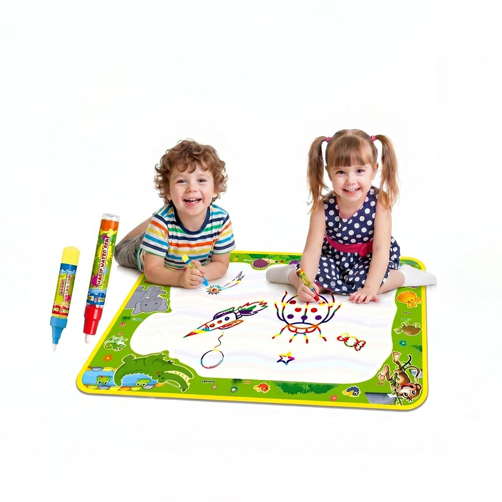 Children drawing on a multicolor animal theme magic water mat with water pens