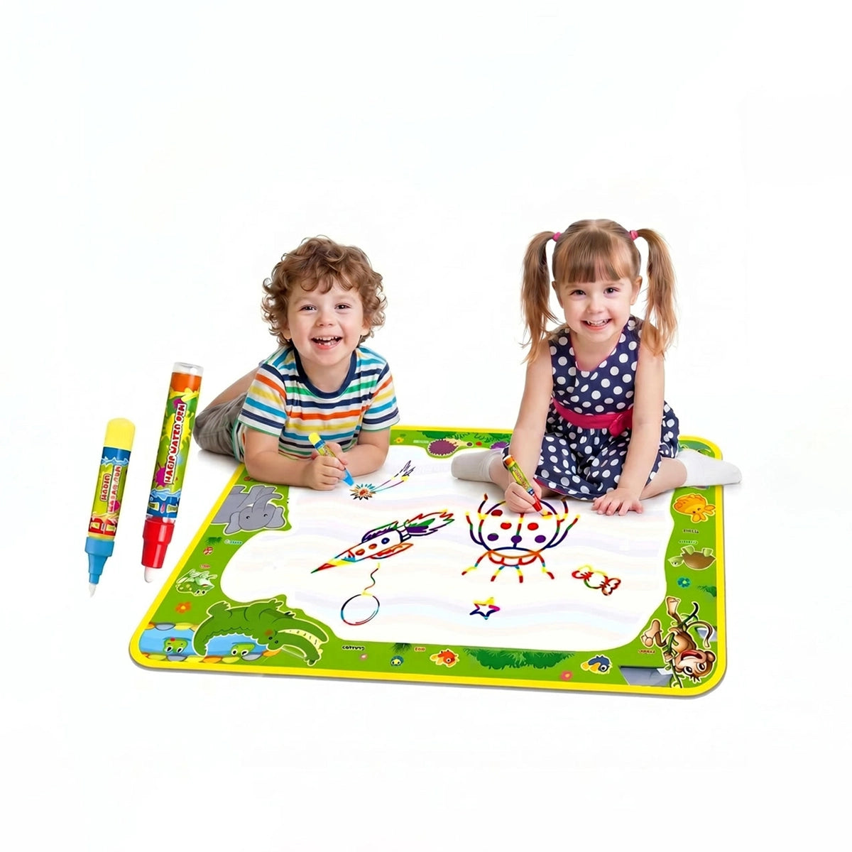 Children drawing on a multicolor animal theme magic water mat with water pens