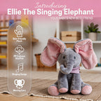 Interactive grey and pink elephant singing plush toy with moving ears