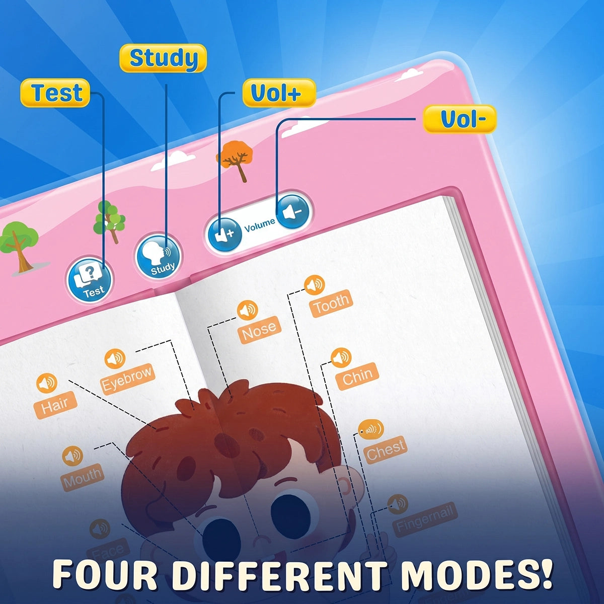 Multicolor interactive intelligence book for kids showing phonetic learning and animal illustrations.