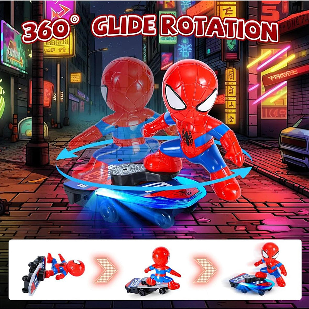 Unisex blue Spider-Man action figure toy riding a rolling skateboard