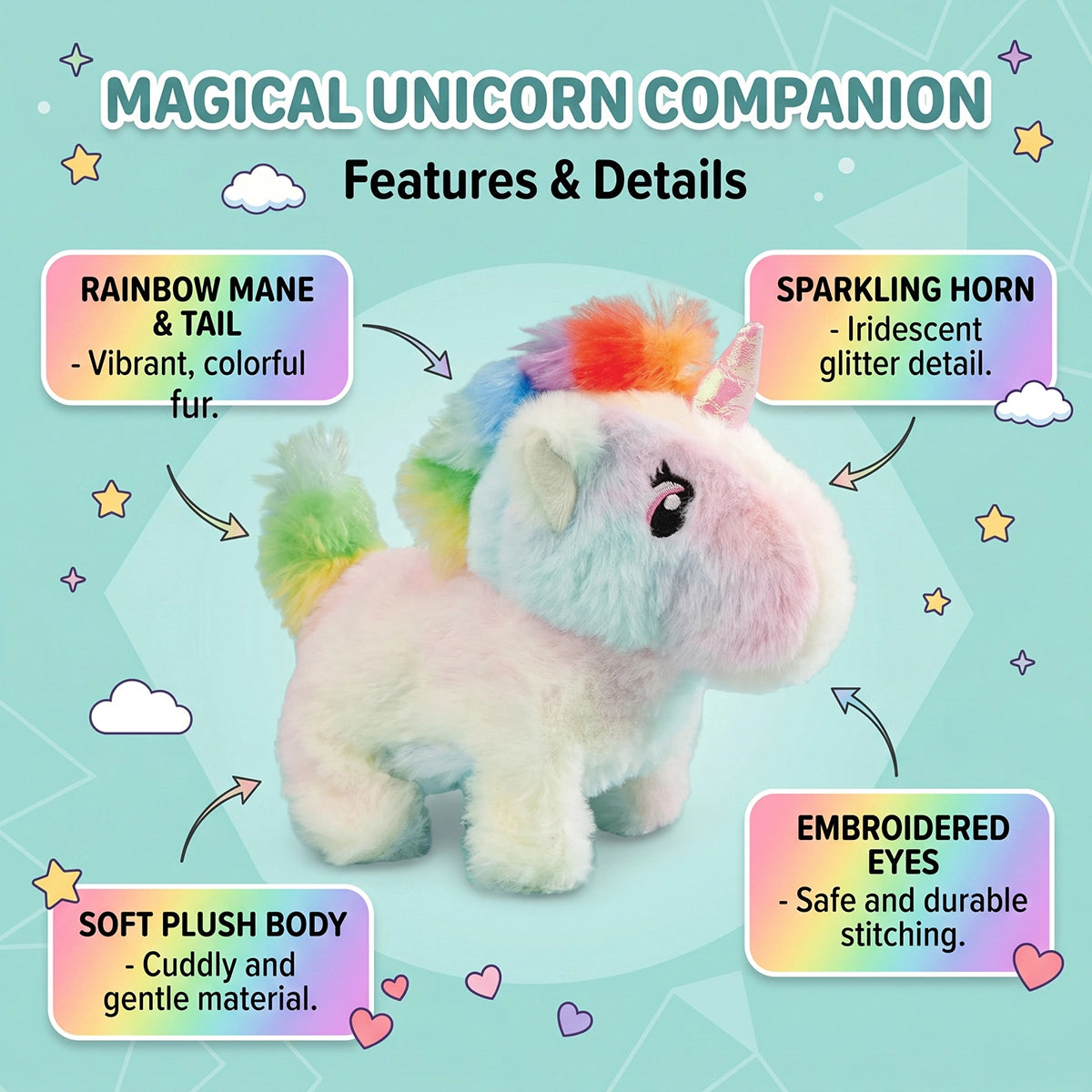 Multicolor rainbow unicorn plush toy with soft faux fur and sparkling horn