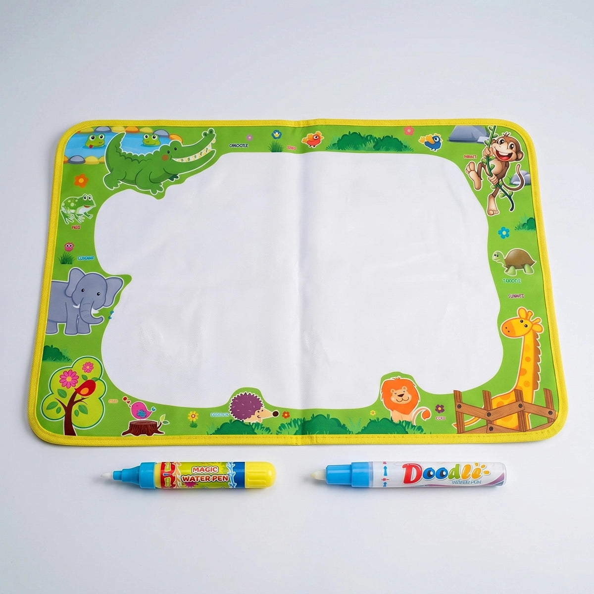Children drawing on a multicolor animal theme magic water mat with water pens