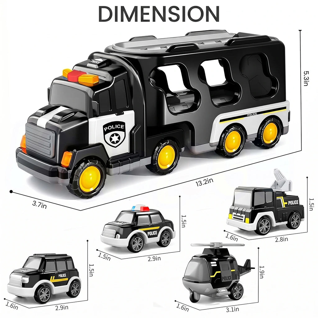 Unisex black police transporter truck toy set with multiple miniature police cars and a helicopter.
