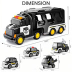 Unisex black police transporter truck toy set with multiple miniature police cars and a helicopter.