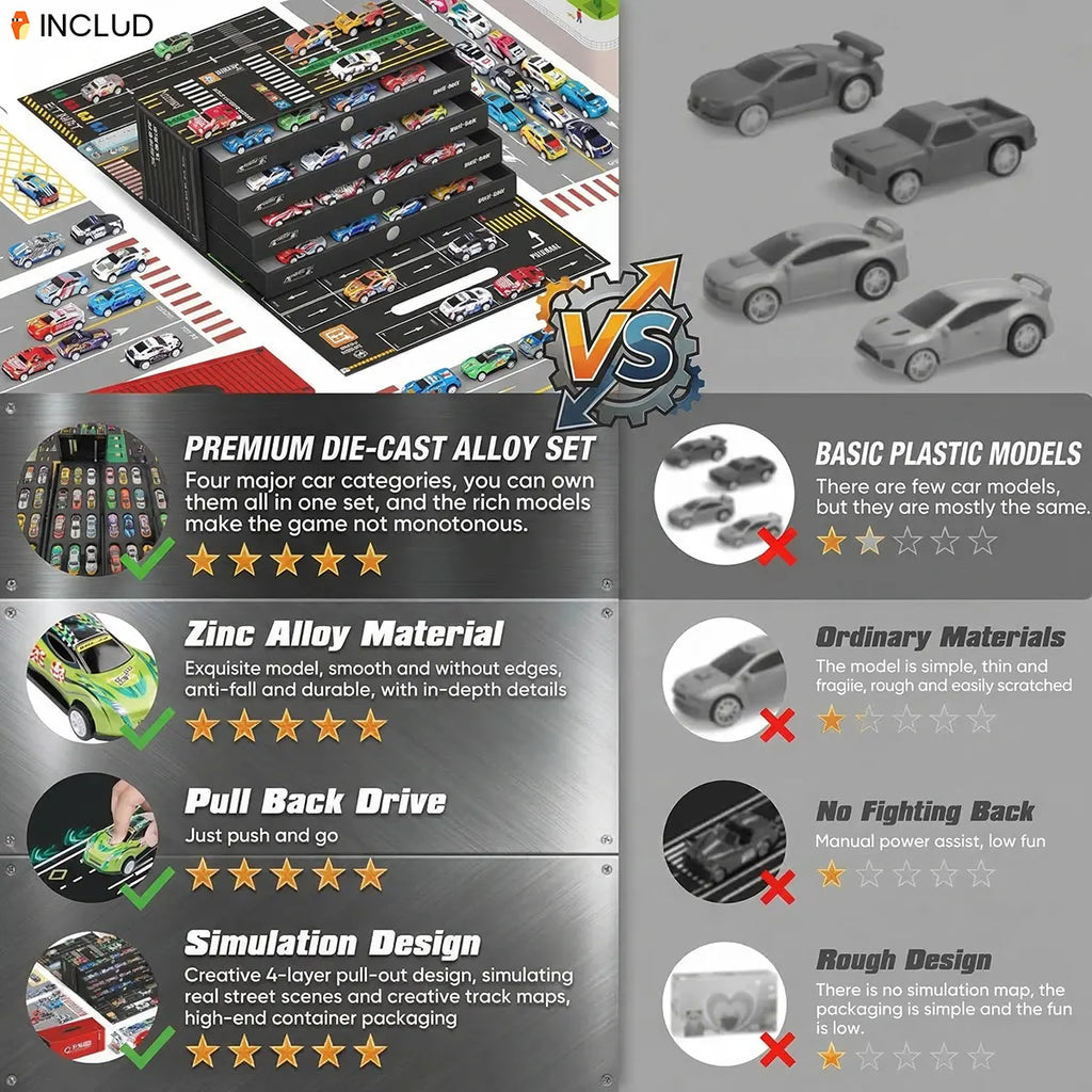 Multicolor alloy miniature toy racing cars with a red storage container box