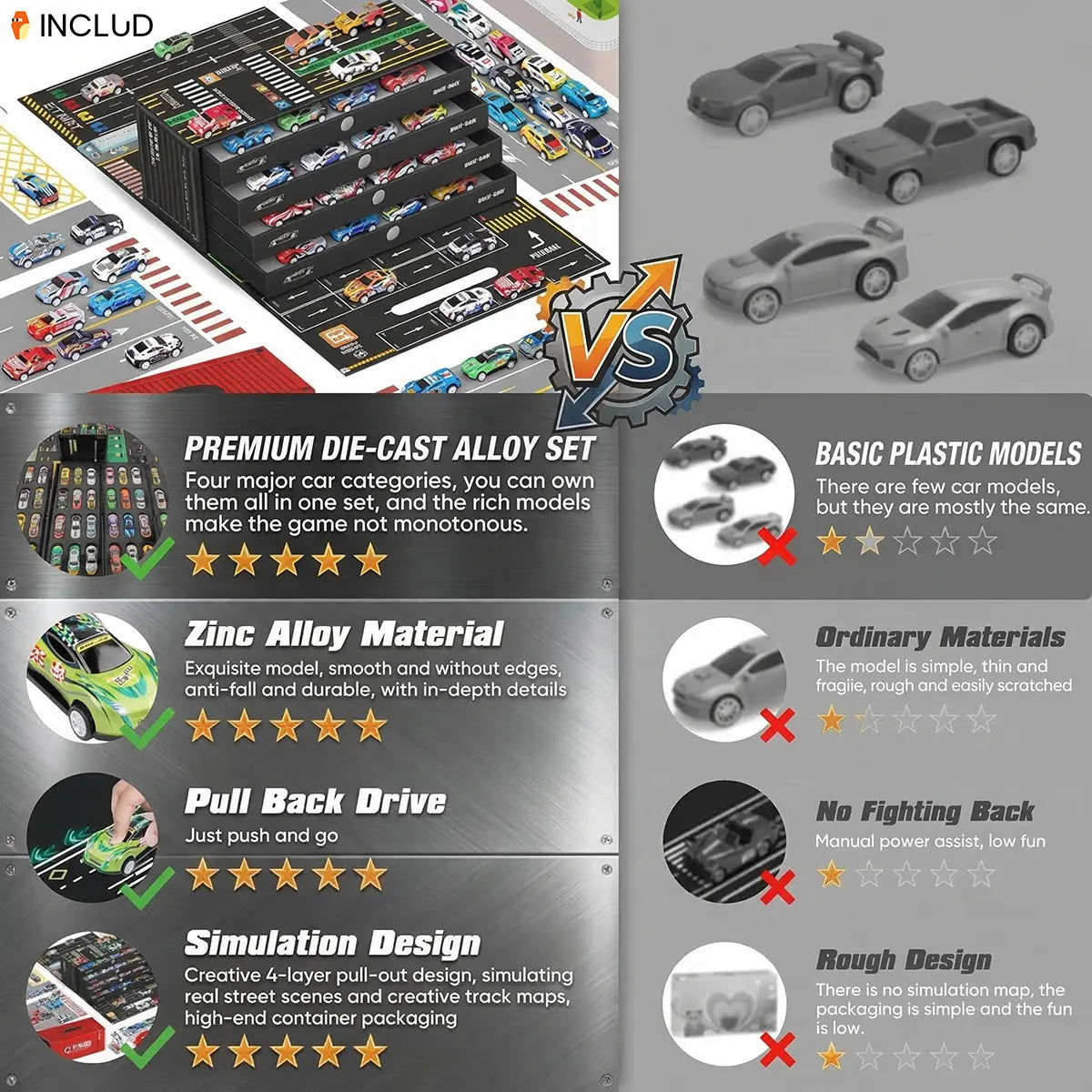 Multicolor alloy miniature toy racing cars with a red storage container box