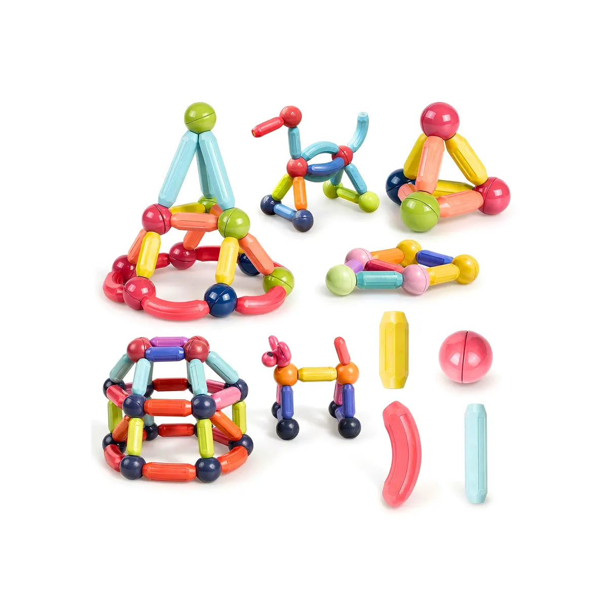 Multicolor magnetic rods and spheres for building creative structures