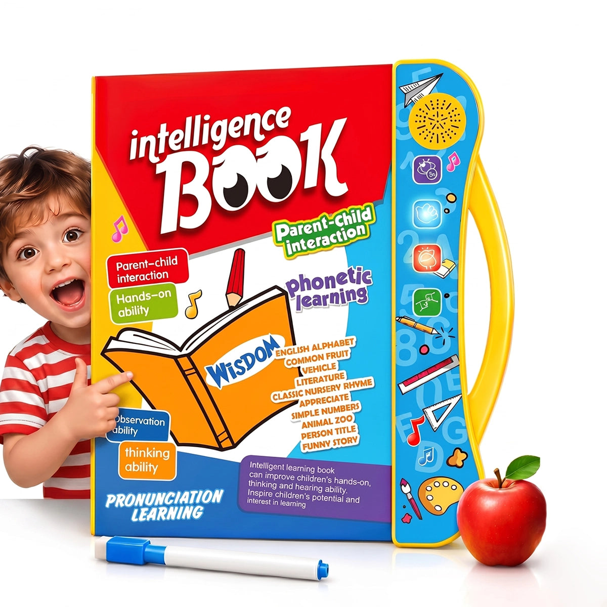 Multicolor interactive intelligence book for kids showing phonetic learning and animal illustrations.