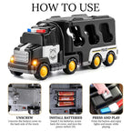 Unisex black police transporter truck toy set with multiple miniature police cars and a helicopter.