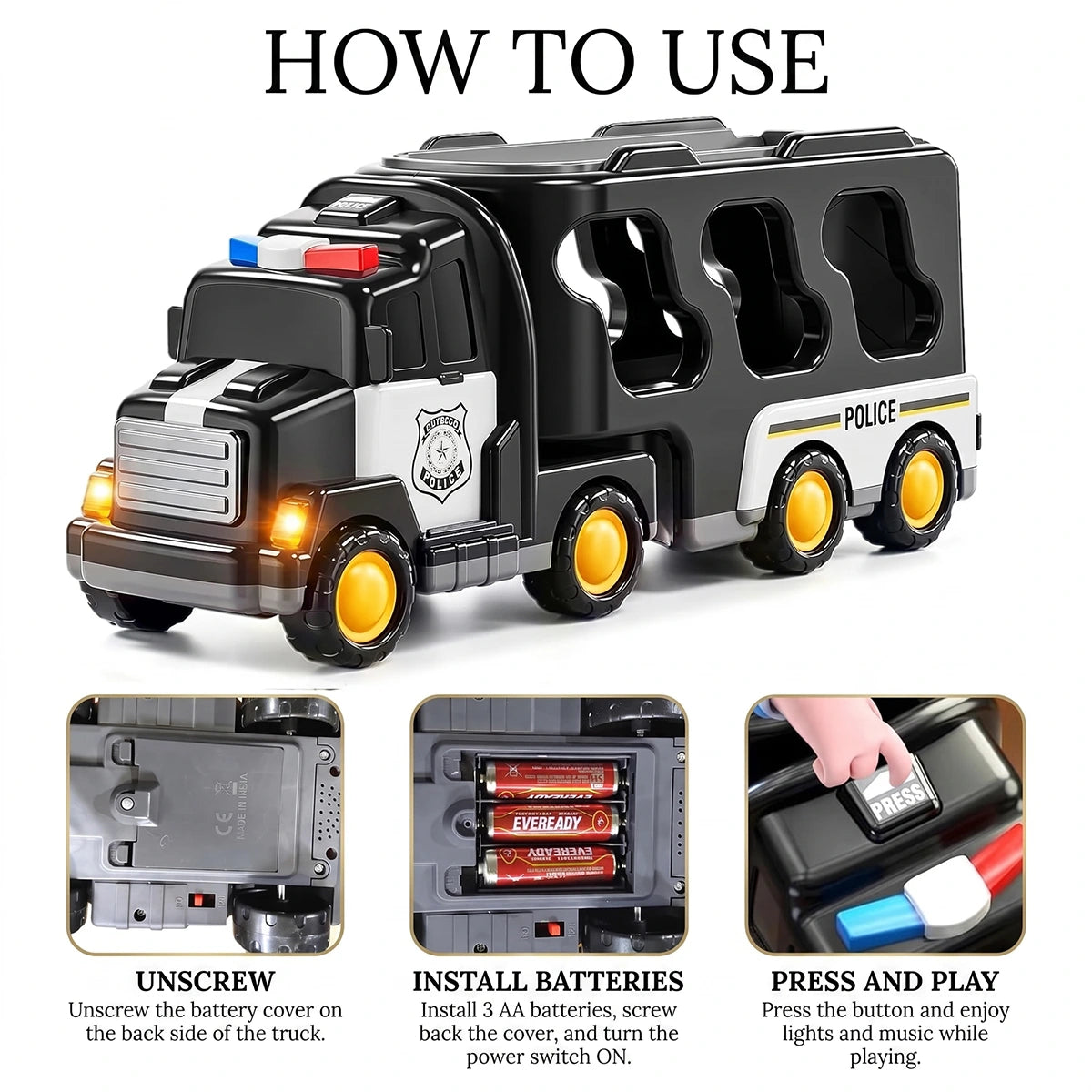 Unisex black police transporter truck toy set with multiple miniature police cars and a helicopter.