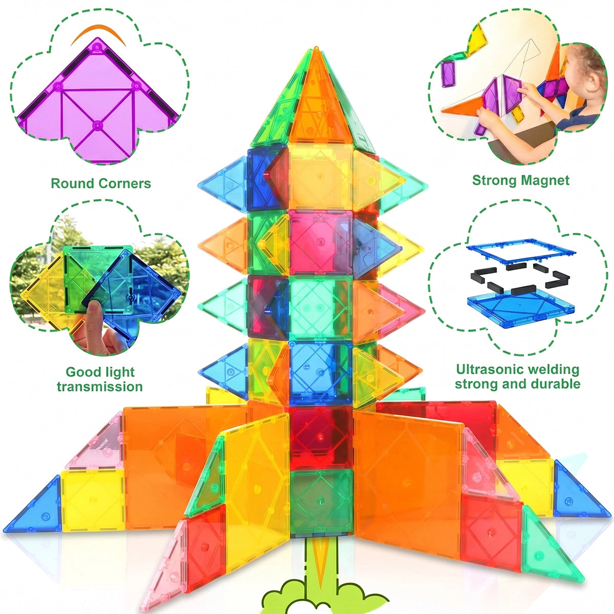 Unisex multicolor translucent magnetic building block tiles set for kids