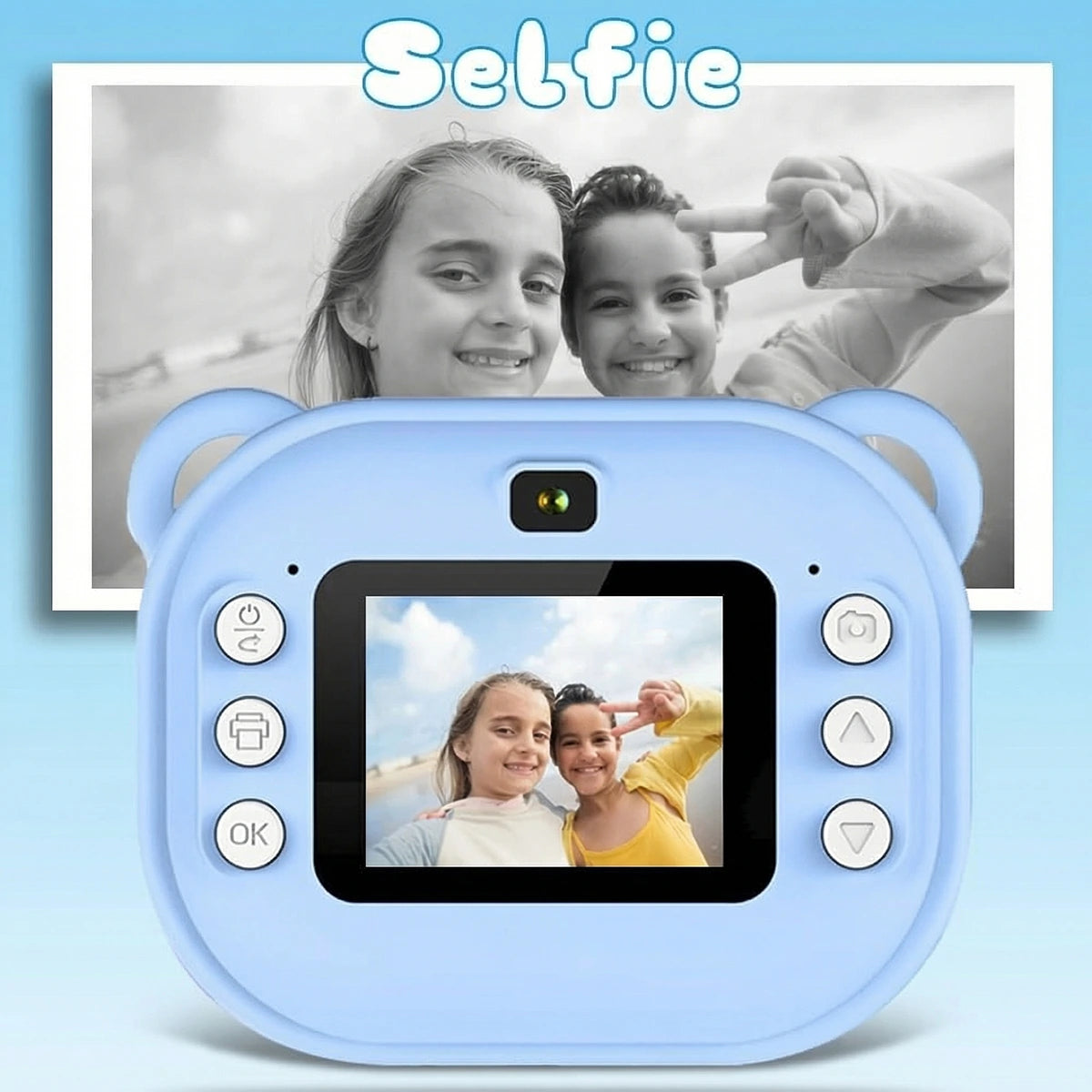 Blue bear-themed instant digital printing camera for kids in blue