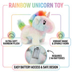 Multicolor rainbow unicorn plush toy with soft faux fur and sparkling horn