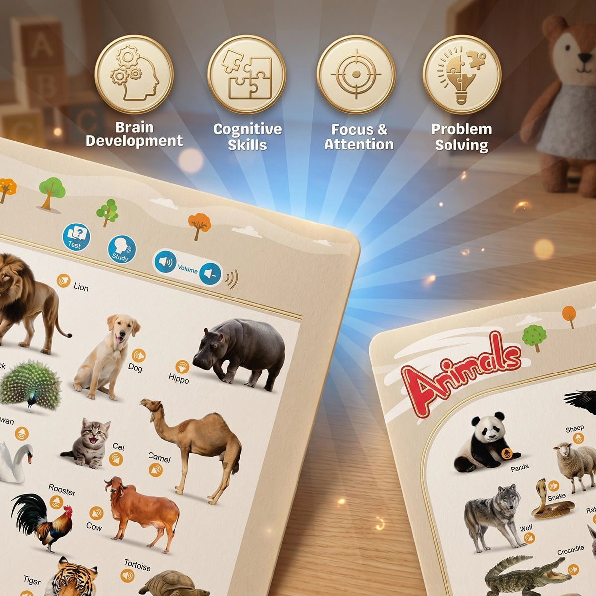 Multicolor interactive intelligence book for kids showing phonetic learning and animal illustrations.