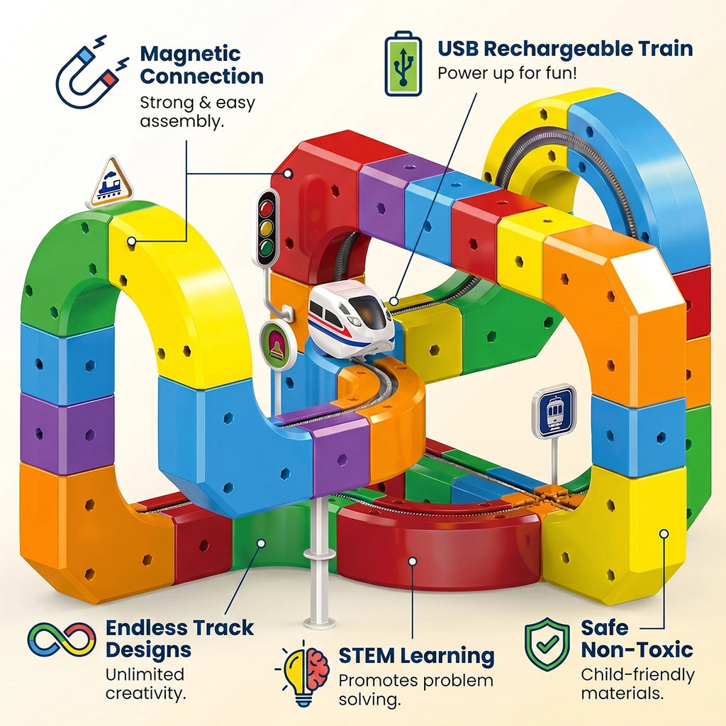 Multicolor DIY plastic modular train track toy with looping arches