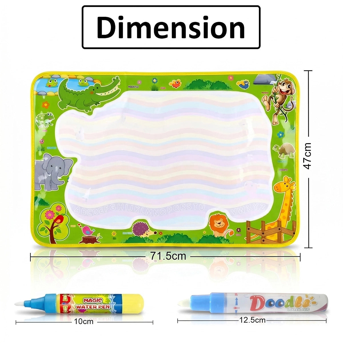 Children drawing on a multicolor animal theme magic water mat with water pens