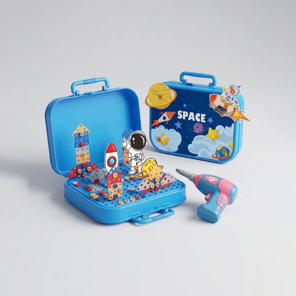 Blue space-themed building block toy set with astronaut and rocket pieces and a toy drill.