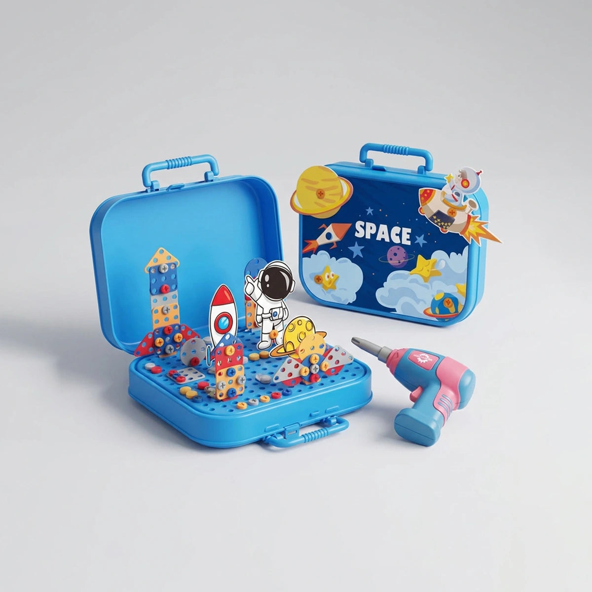 Blue space-themed building block toy set with astronaut and rocket pieces and a toy drill.