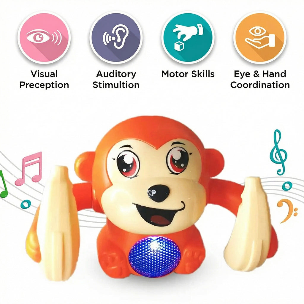 Orange plastic monkey toy holding bananas with sound control and lights