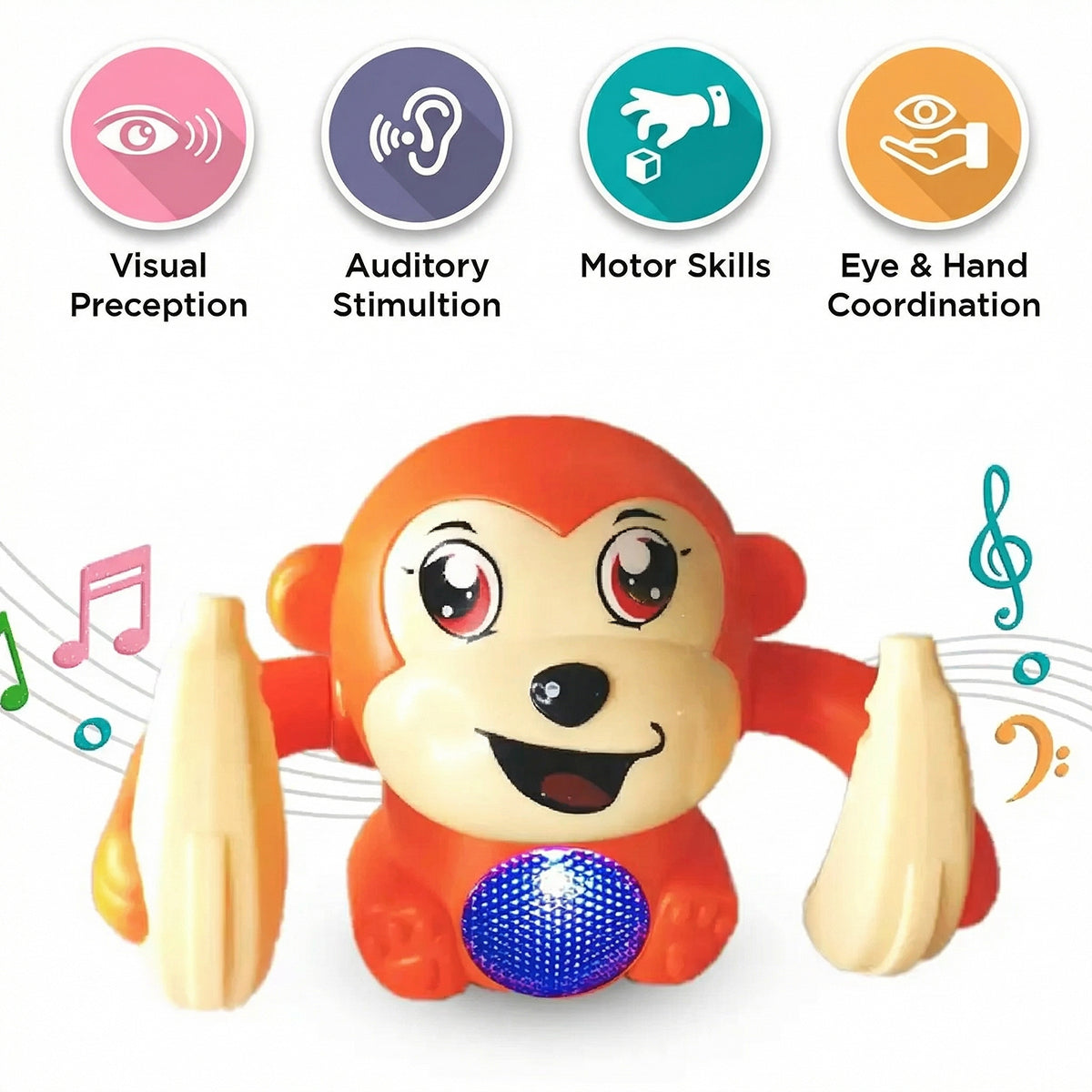 Orange plastic monkey toy holding bananas with sound control and lights