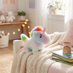 Multicolor rainbow unicorn plush toy with soft faux fur and sparkling horn