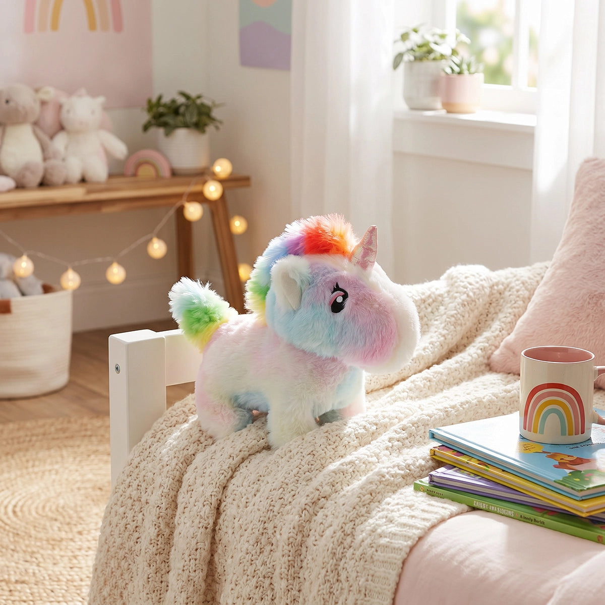 Multicolor rainbow unicorn plush toy with soft faux fur and sparkling horn