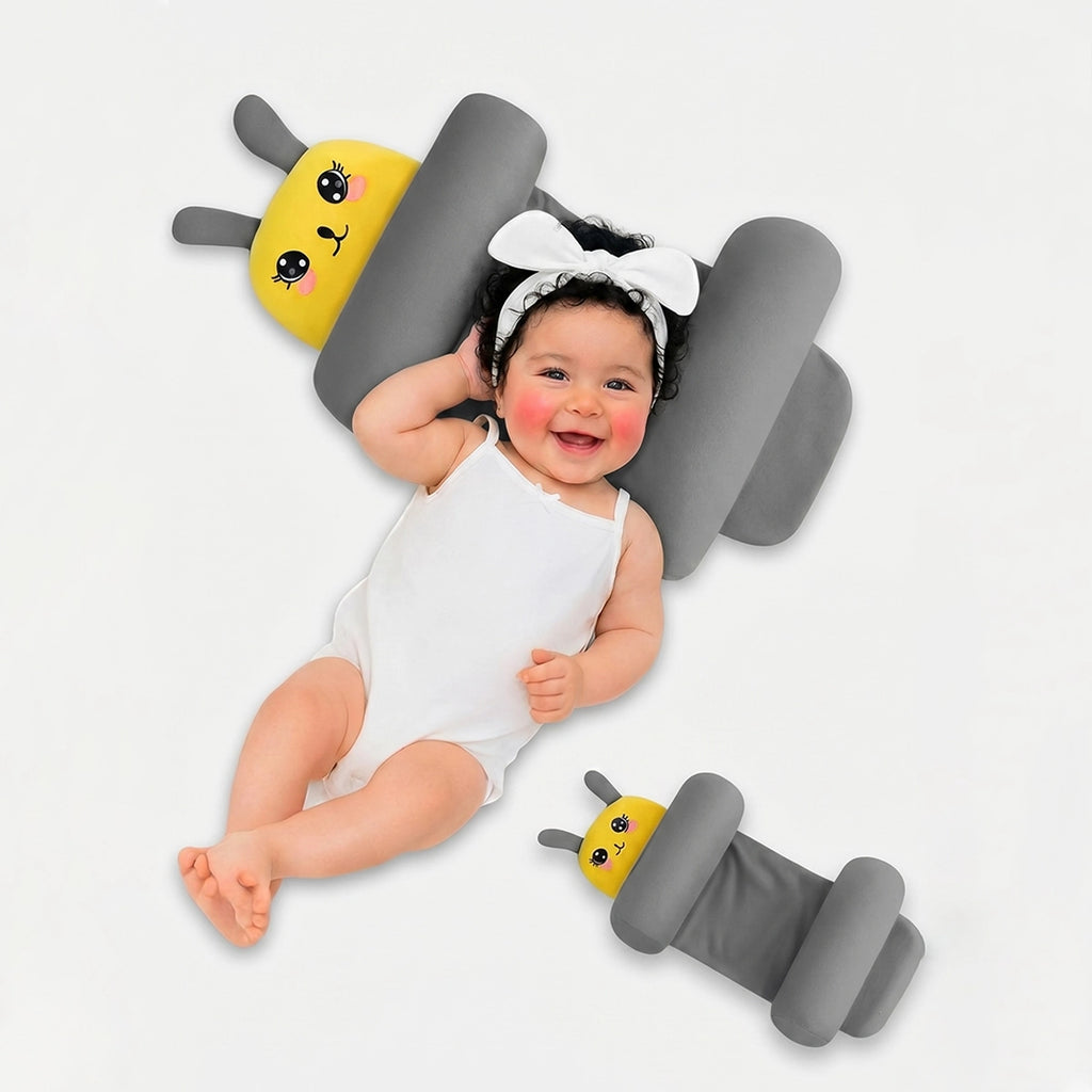 Unisex baby support pillow with yellow bunny face and side bolsters