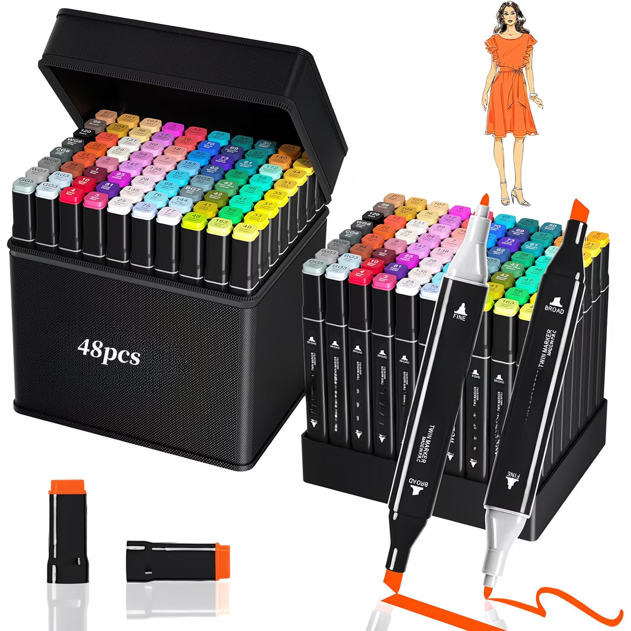48-Color Alcohol Dual Tip Marker Set – Professional Sketch & Coloring Markers