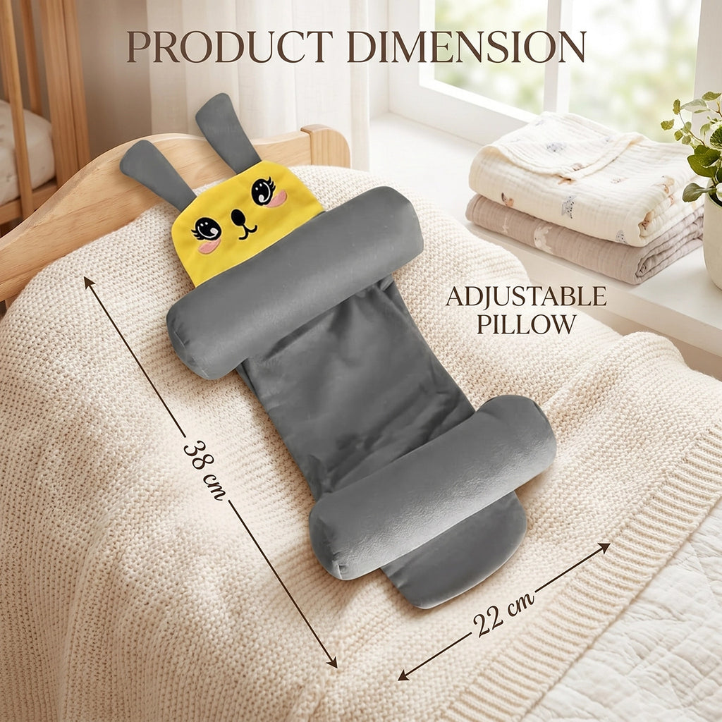 Unisex baby support pillow with yellow bunny face and side bolsters