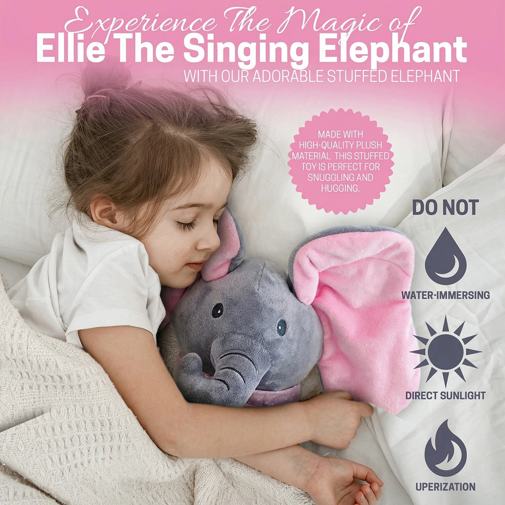 Interactive grey and pink elephant singing plush toy with moving ears