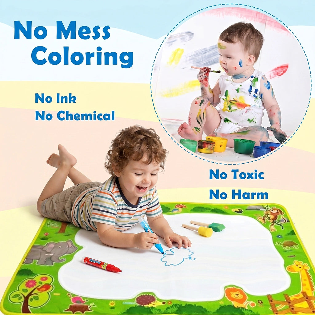 Children drawing on a multicolor animal theme magic water mat with water pens