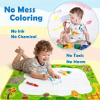 Children drawing on a multicolor animal theme magic water mat with water pens