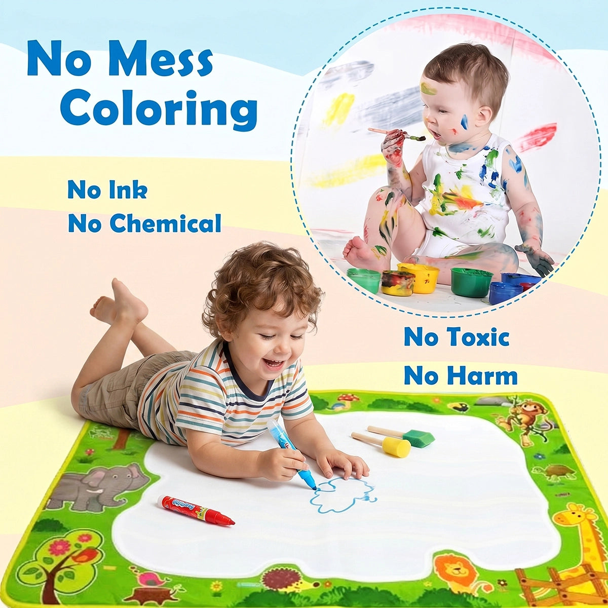 Children drawing on a multicolor animal theme magic water mat with water pens