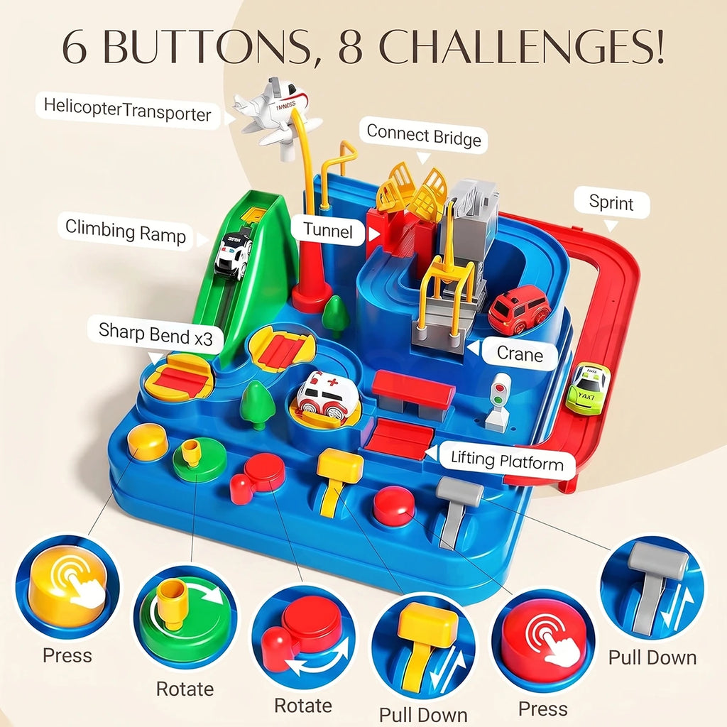 Interactive blue car race track activity game with mini vehicles for kids