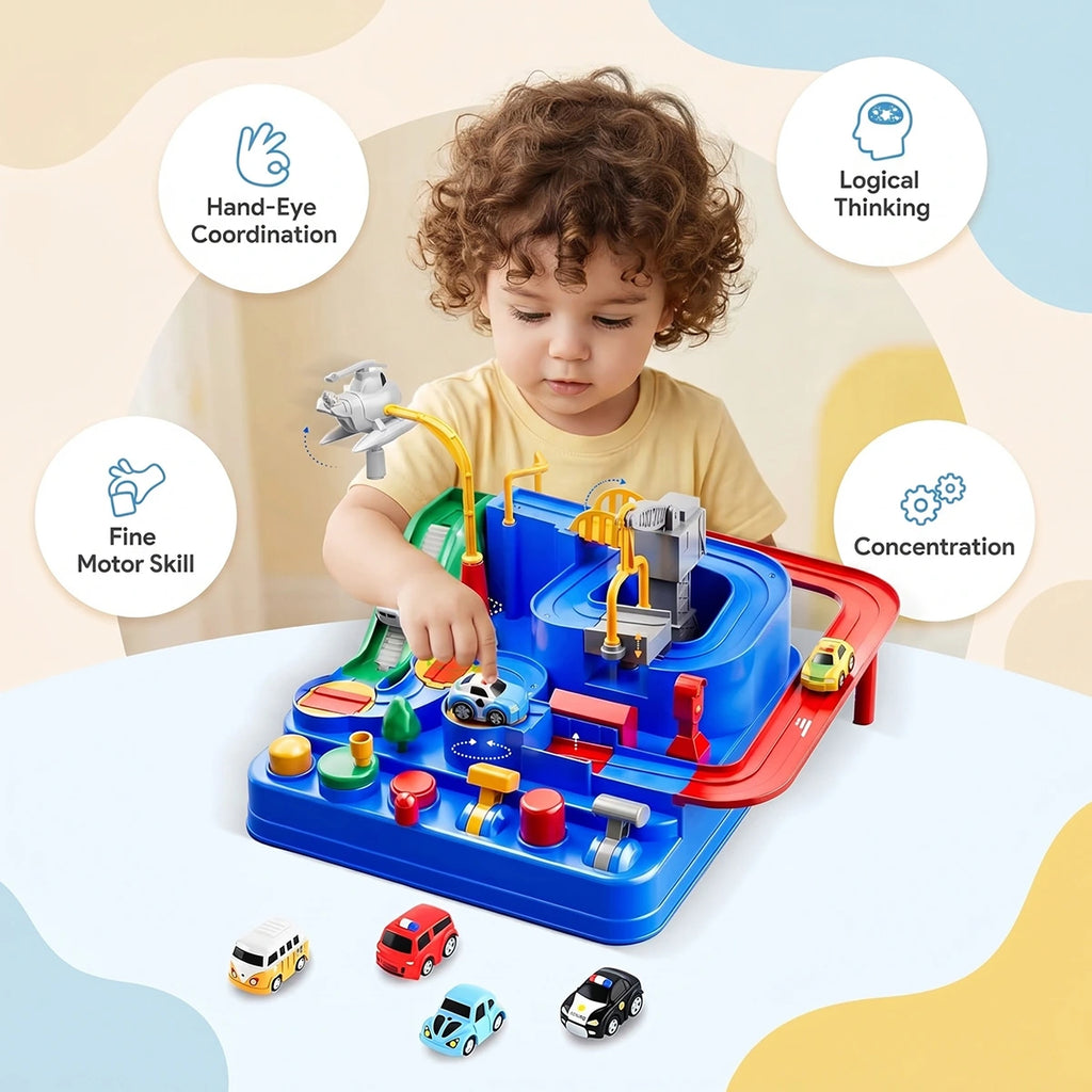 Interactive blue car race track activity game with mini vehicles for kids