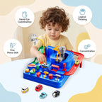 Interactive blue car race track activity game with mini vehicles for kids